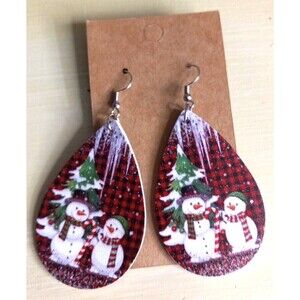 Snow People Earrings Christmas Tree Icicles Plaid Double Sided 3 Inch Drop